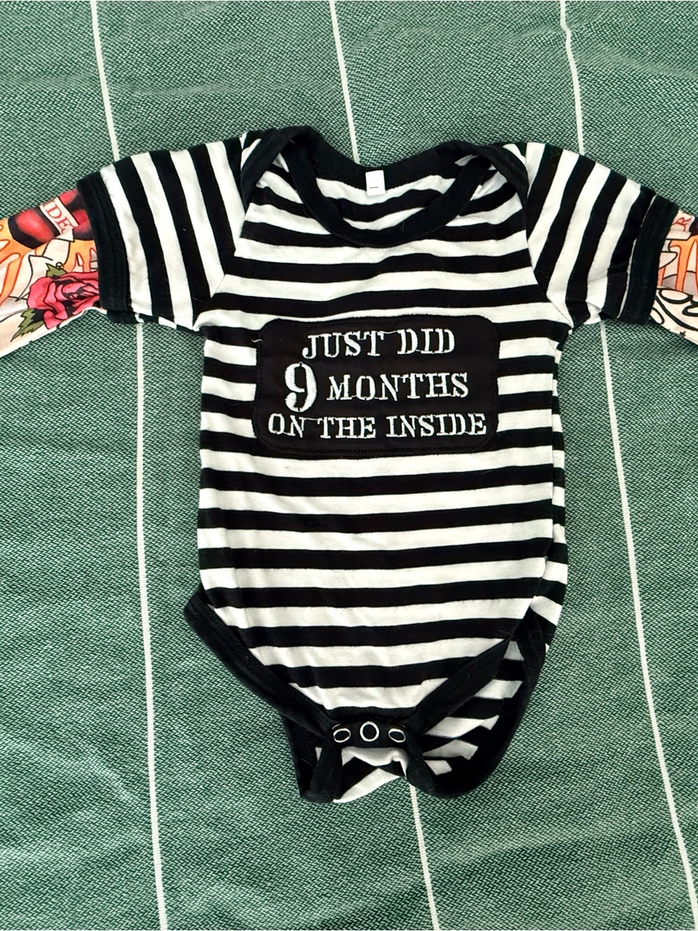 Striped Black & White Baby One-Piece Bodysuit - 'Just Did 9 Months'
